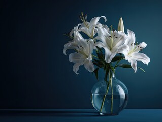 Bouquet of white lily flower with long green stem in a round glass vase filled with water. Dark blue background. Minimalist floral design.