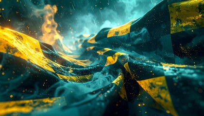 Fototapeta premium A dramatic checkered banner waves amid glowing sparks, smoke, and a turbulent, stormy atmosphere