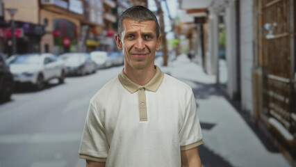 Fototapeta premium Caucasian man standing on a busy urban street, wearing a polo shirt, displaying a thoughtful expression, surrounded by buildings and parked cars on a sunny day.