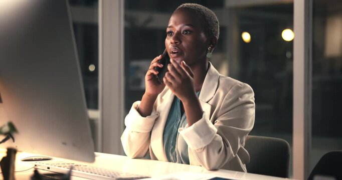 Phone call, computer and black woman in office at night with negotiation for investment deal. Cellphone, communication and African female financial manager on mobile discussion with client deadline.