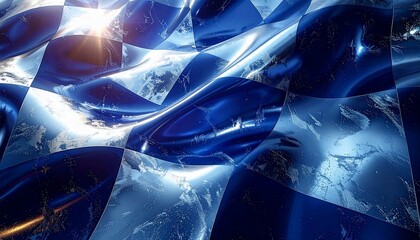 Wavy blue and white checkered pattern reflects celestial bodies and light