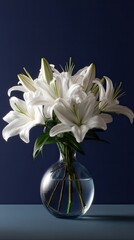 White lily bouquet in glass vase on table. Elegance and purity concept for home decor or celebration. Floral arrangement for event background.