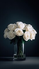 Elegant bouquet of white rose in glass vase for classic flower arrangement. A clean and minimalist display of beautiful bloom on dark background.