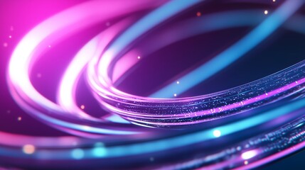 Bright neon light trails twist and swirl through a dark background, creating a mesmerizing abstract display filled with vibrant colors and sparkling accents.
