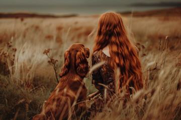Back view of a woman with long red hair sitting beside her Irish Setter in a golden meadow, evoking warmth and serenity.