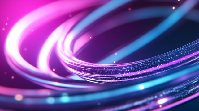 Bright neon light trails twist and swirl through a dark background, creating a mesmerizing abstract display filled with vibrant colors and sparkling accents.