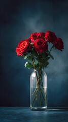 Red rose bouquet in a glass vase with water on a dark background. Expression of romance and love for Saint Valentine's Day.