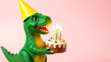 A cute green toy dinosaur wearing a yellow party hat and holding a birthday cake with lit candles, celebrating a special occasion with a pink background