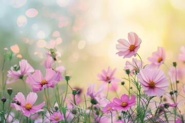 Beautiful pink cosmos flowers blooming in a field, creating a dreamy and romantic atmosphere with bokeh effect