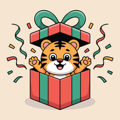 Cute tiger in gift box cartoon illustration for birthday or christmas present idea