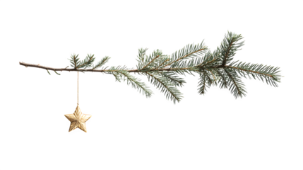 A single fir branch, perfectly isolated, with a stylized golden star ornament hanging from it. Minimalist and elegant, clean studio shot, isolated on white background.