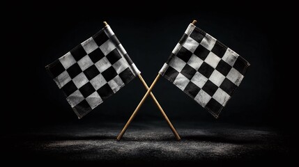 Two checkered flags are crossed against a dark background, symbolizing victory and the culmination of a race. The dramatic lighting highlights their iconic pattern, creating a sense of excitement.