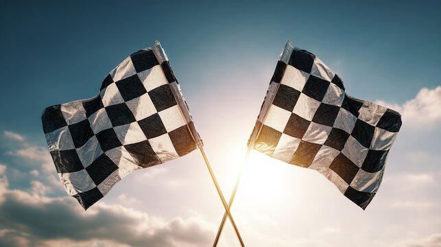 Racing towards the finish line, these checkered flags symbolize victory & achievement. The sun shines bright, a new chapter begins. A symbol of new beginnings.