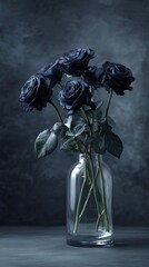 Black rose in glass vase on dark background. Death, sorrow, and tragic concept. Floral home decoration for gothic style.