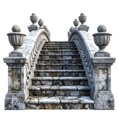 Ornate stone bridge with stairs and sculpted urns, against black background