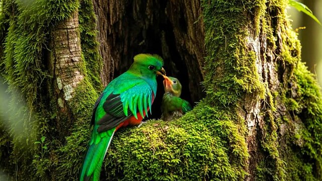 Resplendent Quetzal mother and chick nesting in mossy hollow tree