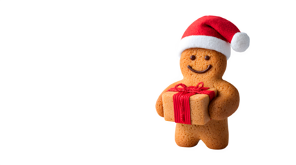 A single gingerbread man cookie, wearing a tiny red Santa hat, holding a miniature red gift box. Adorable and detailed scene, isolated on white background.
