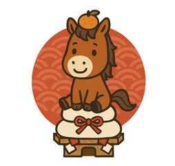 Cute Horse on Kagami Mochi Illustration