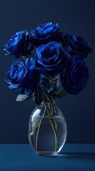 Blue rose bouquet in a glass vase on a dark background. Elegant floral arrangement for a gift or decoration. Nature beauty.