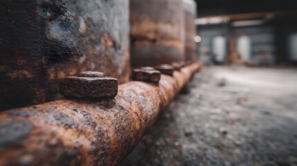 A close up view of a heavily rusted industrial pipeline with visible bolts and nuts set against a blurred background