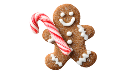 A single gingerbread man cookie decorated with white icing, holding a miniature red and white striped candy cane. Adorable food photography, isolated on white background.