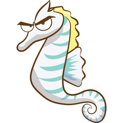 Cartoon White Seahorse With Angry Expression and Swirled Tail Illustration With Blue Stripes and Yellow Mane On Transparent Background