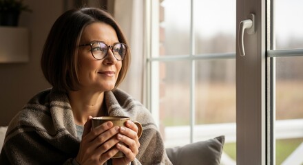 Cozy woman relaxing by the window with a mug of coffee or tea. Thoughtful middle-aged person enjoying a quiet moment at home wrapped in a blanket