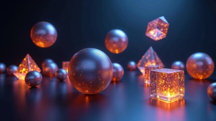 Stunning geometric shapes with vibrant orange glowing particles for futuristic technology design concepts