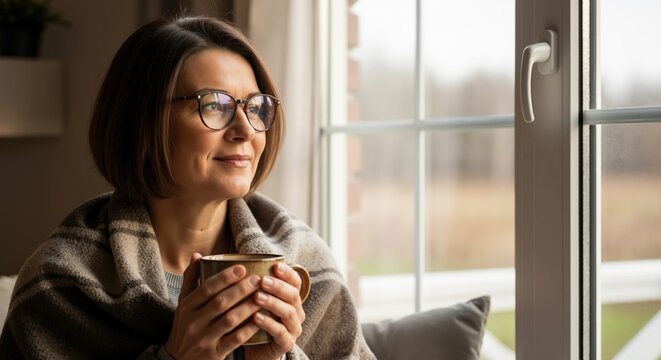 Cozy woman relaxing by the window with a mug of coffee or tea. Thoughtful middle-aged person enjoying a quiet moment at home wrapped in a blanket