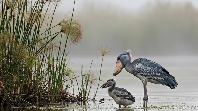Majestic Shoebill stork chick bond in misty wetland serene natural habitat