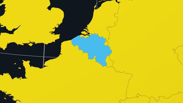 Belgium map. Animated zoom into the country on the Globe in Charcoal Bright Yellow color palette. Country logo animation. Map with meridians, parallels. Charming video.