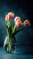 Vibrant tulips in a clear glass vase on a dark background. Fresh flowers for decoration, celebration, Mothers Day, or an anniversary.