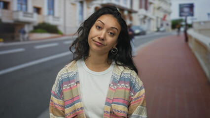 Woman tilting head and rolling eyes, exposed face and shoulders, wearing patterned cardigan and white tee on city street; mild annoyance.