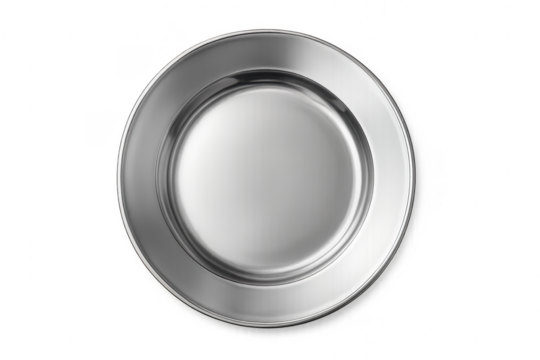 Empty round metal serving platter with transparent background