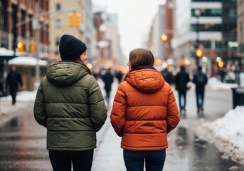 Rear view of two women friends walking together on a city street in winter. Young people in warm puffer jackets strolling through a snowy urban environment