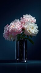 Pink and white peony flower bouquet in a glass vase against a dark background for floral arrangement or elegant decor concept.