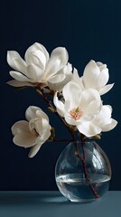 White magnolia flowers with a branch in a round glass vase with water on a dark background. Elegant still life flower arrangement for decor.