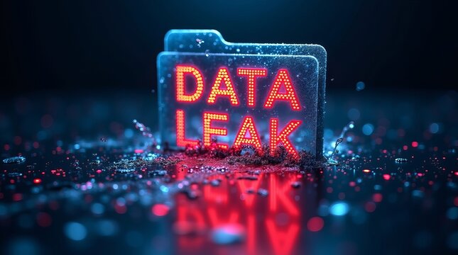 A glowing folder labeled 'DATA LEAK' surrounded by droplets, symbolizing cybersecurity threats.