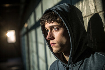 Portrait of a sad and thoughtful young man in a gray hoodie standing alone in a dark, gritty urban alleyway at night