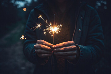 A person holds a bright sparkler, casting a warm glow in the twilight, symbolizing moments of joy, celebration, hope, and new beginnings