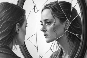 A woman's melancholic reflection gazes back from a shattered mirror, symbolizing brokenness and inner turmoil