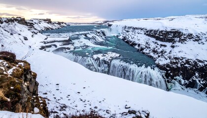 Fototapeta premium Cascading waterfall amidst snow-covered landscapes under a dramatic sky