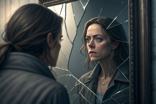 Introspective portrait of a woman confronting her broken reflection in a shattered mirror, a metaphor for emotional pain and a fragmented identity