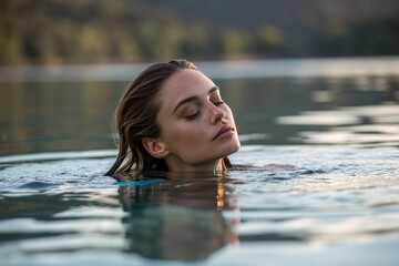Portrait of a serene woman with eyes closed, enjoying a peaceful and tranquil moment while swimming in a calm lake surrounded by nature