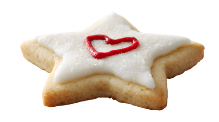 A single, perfect star-shaped sugar cookie, decorated with a tiny red heart piped in icing. Creative food styling, sharp focus, isolated on white background.