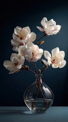 Beautiful magnolia flower arrangement in a glass vase on dark background. Spring bloom for home decor and floral design concept.