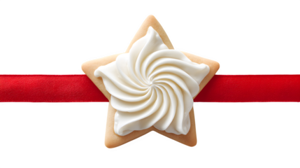 A single, perfect star-shaped sugar cookie, decorated with minimalist white icing swirls, placed on a red ribbon. Elegant food styling, sharp focus, isolated on white background.