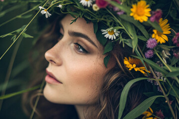 Beautiful young woman with a flower crown in a natural outdoor setting, capturing a moment of serene beauty and connection with nature