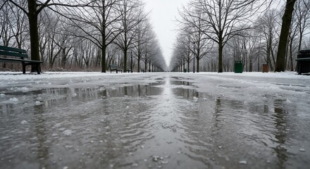 Low angle view of an icy park path in winter. Wet walkway with reflections of bare trees creating a vanishing point perspective. Cold seasonal landscape with no people