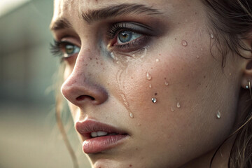Close up of a young woman's face with tears streaming down her cheeks, reflecting emotion and vulnerability